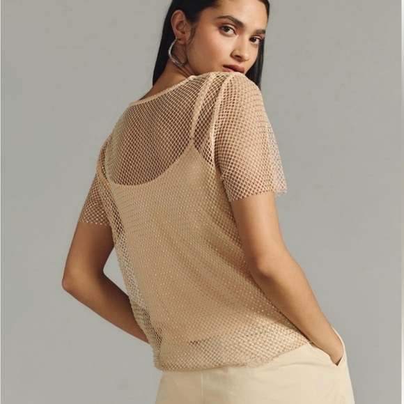 Anthropologie Tops - Anthropologie Sunday in Brooklyn Cream Rhinestone Mesh Top With A Cami Size XL